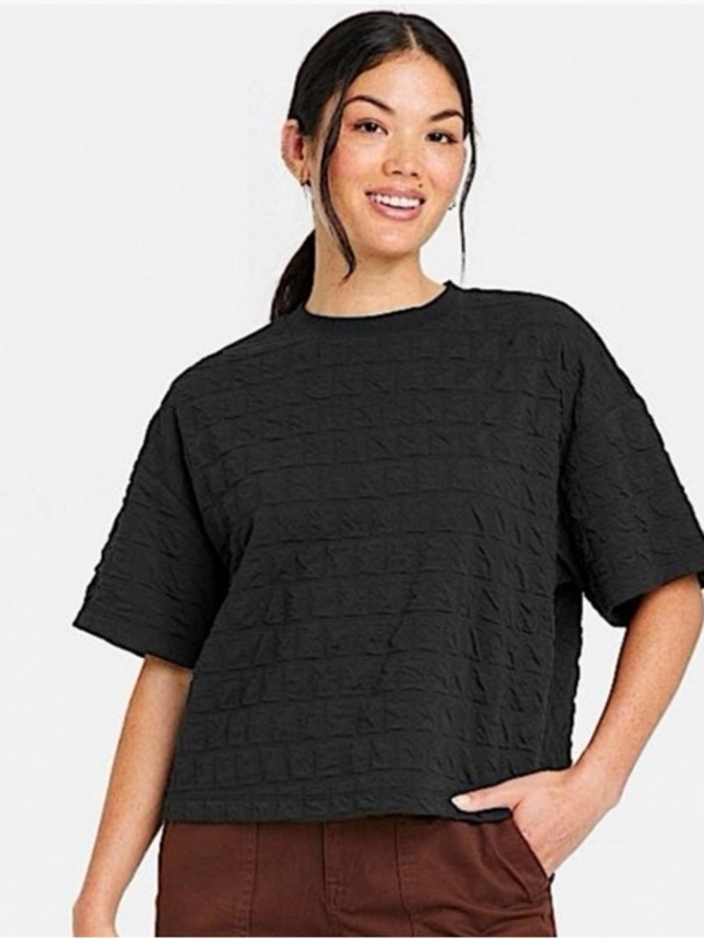 a new day Black Textured Boxy Short-Sleeve Top